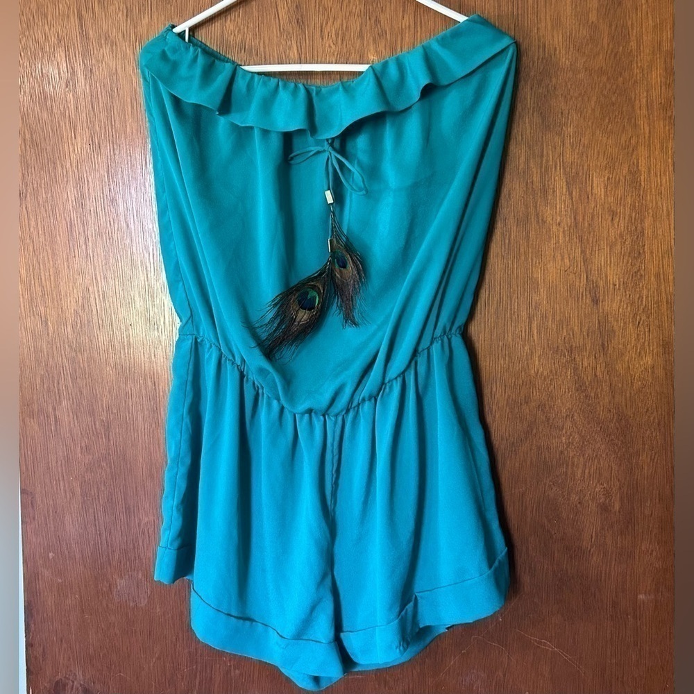 Garcia blue peacock feather bow strapless romper size L - Picture 2 of 11